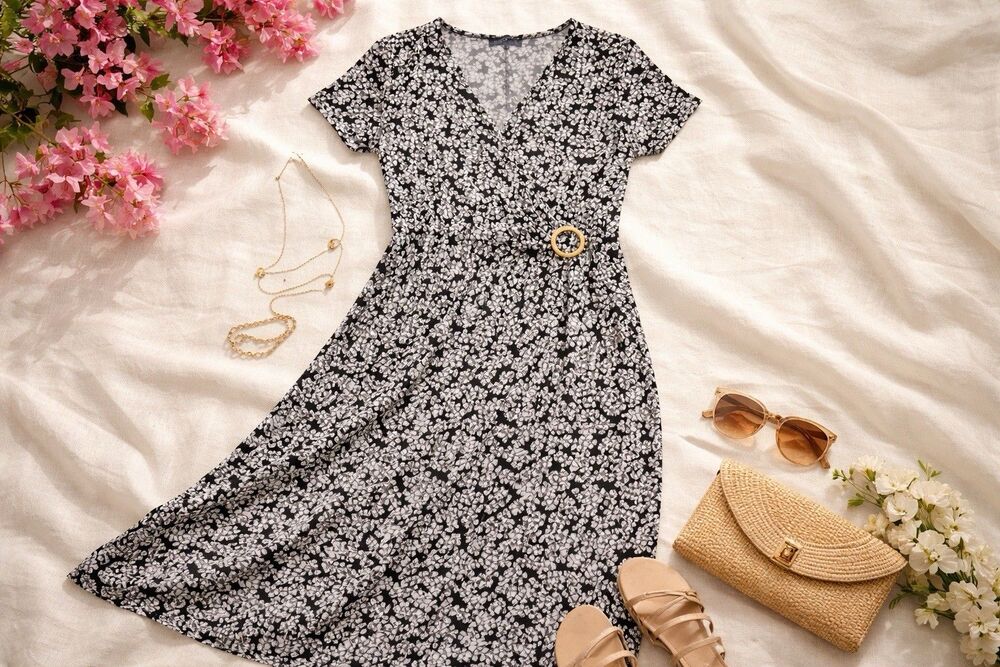 Black white gold surplice wrap fit flare midi church tea dress women summer L